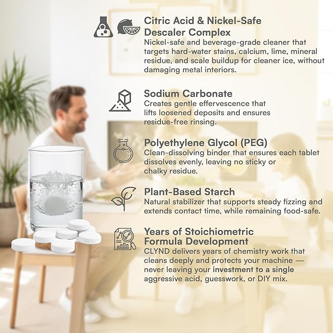 Nickel Safe Ice Machine Cleaner and Descaler 24-Pack Countertop Ice Maker Cleaner Tablets – No Residue, Unscented, Non-Corrosive Formula for Commercial, Nugget, and Home Machines