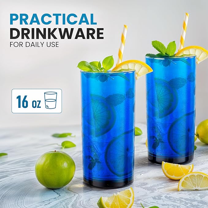 Zulay Kitchen Acrylic Glasses Drinkware - 6 Piece Unbreakable Plastic Tumblers - BPA-Free, Reusable Plastic Drinking Glasses for Home & Outdoors - Stackable, Lead-Free, Dishwasher Safe, Blue (16oz)