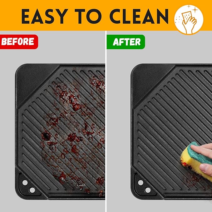 GGC Cast Iron Reversible Griddle, Double-sided Griddle pan for Indoor and Outdoor Cooking, 20 x 10.5 Baking Flat and Ribbed Griddle Plate for Stove Tops, Gas Grills and Camping