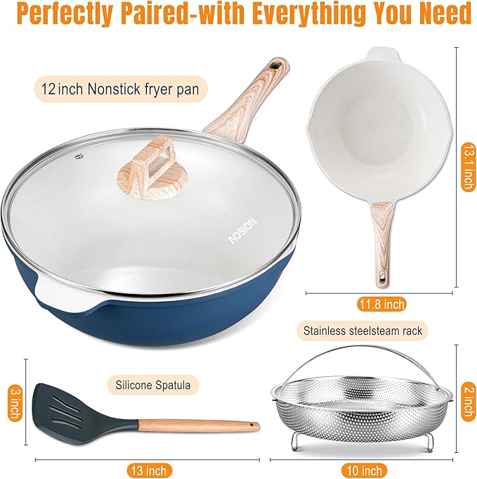 AOSION 12 Inch Nonstick Ceramic Deep Frying Pan,5.5QT Sauté Pan with lid,Large Skillet with Steam Rack,Healthy Jumbo Cooker,Stay Cool Handle,Induction Compatible, PFOA & PFAS Free. (BLUE)