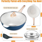 AOSION 12 Inch Nonstick Ceramic Deep Frying Pan,5.5QT Sauté Pan with lid,Large Skillet with Steam Rack,Healthy Jumbo Cooker,Stay Cool Handle,Induction Compatible, PFOA & PFAS Free. (BLUE)