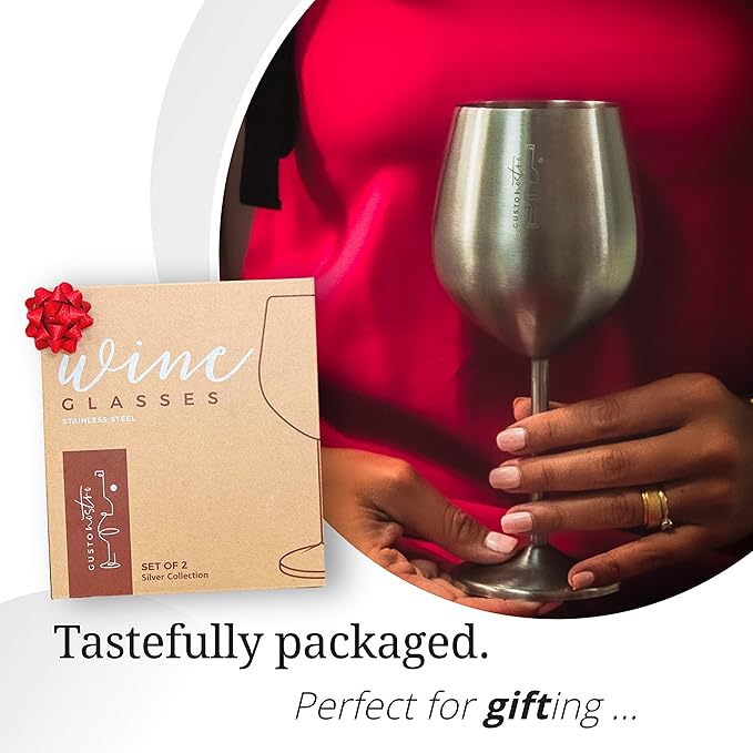 Gusto Nostro Stainless Steel Wine Glass - 18 oz - Cute, Unbreakable Wine Glasses for Travel, Camping and Pool - Fancy, Unique and Cool Portable Metal Wine Glass for Outdoor Events, Picnics (Set of 4)