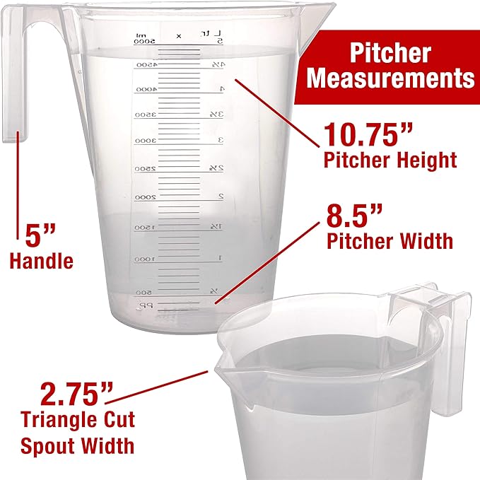 TCP Global 5 Liter (5000ml) Gallon Plastic Graduated Measuring and Mixing Pitcher (Pack of 3) - Holds 5 Quarts 1.25 Gallons- Pouring Cup, Measure & Mix Paint, Resin, Epoxy, Kitchen Cooking Baking