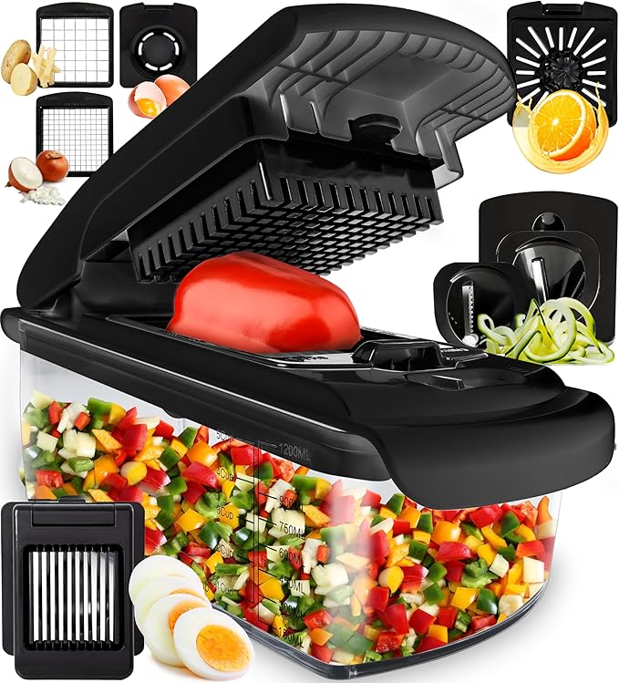 Fullstar The Original Pro Chopper - Vegetable Chopper and Spiralizer, Food Chopper with Container, Fruit Slicer, Kitchen Gadgets & Accessories, Home Essentials (8 in 1, Black)