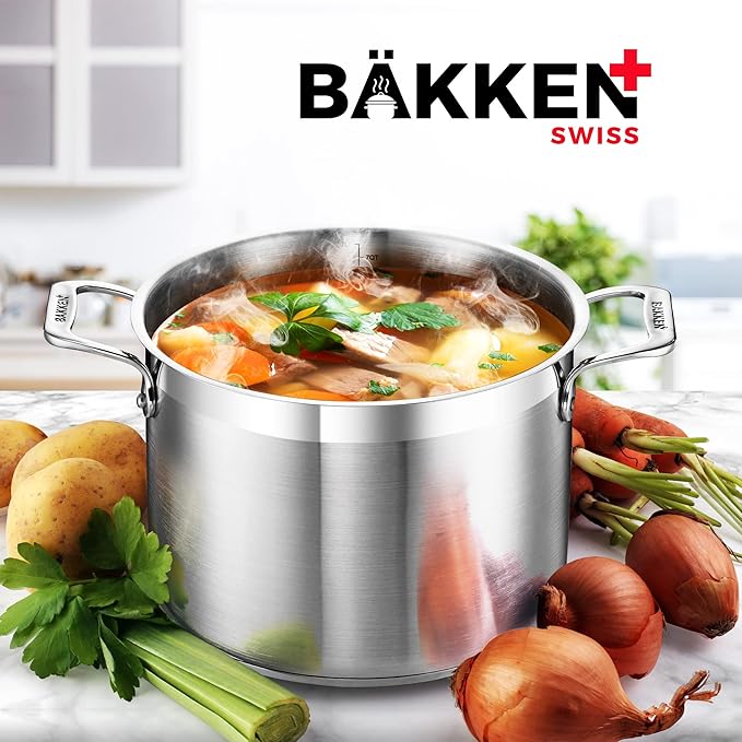 Stainless Steel Stockpot with Lid 16 Quart, Durable 18/8 Stainless Steel, Impact-Bonded Base for Even Heating, Riveted Handles, Oven & All Stove Compatible, Safe Up To 500°F (260°C)