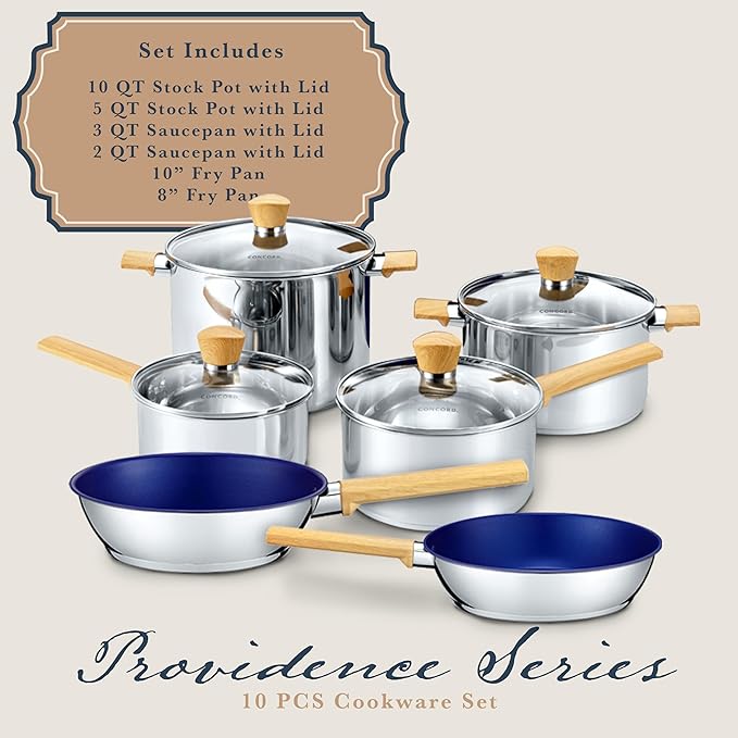 Concord 10 Piece Stainless Steel Cookware Set, includes Saucepans, Stock Pots and Pans/Skillets