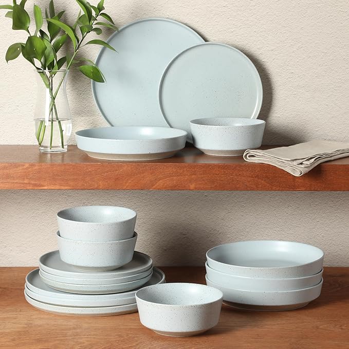 Gibson Elite Overbrook 16-Piece Pottery Clay Stoneware Dinnerware Set – Light Blue Reactive Glaze, Stackable Plates and Bowls w/Pasta Bowl, Service for 4 – Microwave & Dishwasher Safe