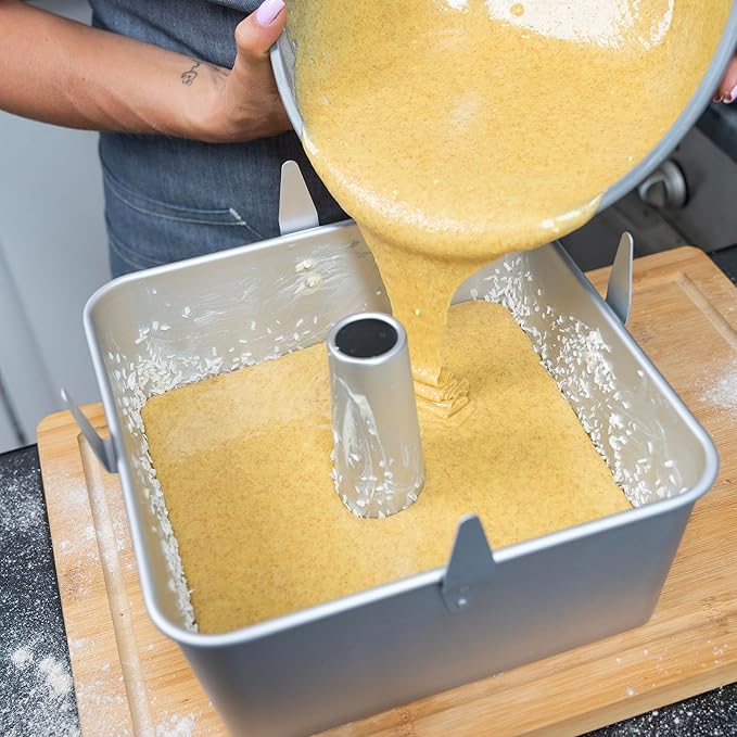 Square Tube Cake Pan 18 Cups - 2-Pcs Set Angel Food Cake Pan with Removable Bottom – Non-Stick Aluminum Pans for Baking Pound, Chiffon Cakes – 10-inch Angel Mold with Cooling Feet