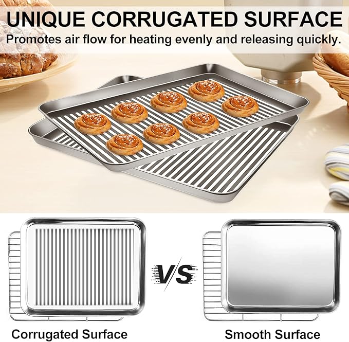 Stainless Steel Baking Sheet with Rack Set, Cookie Sheet with Cooling Rack, Set of 6 (3 Sheets + 3 Racks), Easy Clean