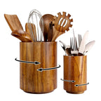 Large Acacia Wood Utensil Holder for Kitchen Counter, 360° Rotating Kitchen Utensil Holder, Set of 2 (7.9" & 5.9"), Rustic Farmhouse Decor Accessories