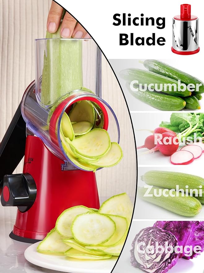 Rotary Cheese Grater with Handle - 3 in 1 Cheese Shredder Rotary Grater Stainless Steel Handheld, Vegetable Slicer for Fruit, Cheese, Nuts(Red)
