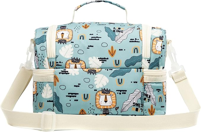 Insulated Kids Double Decker Lunch Bags Tote for Girls Boys Toddler Kindergarten School Picnic Camp Food Cooler Lunch Boxes Thermal with Strap (Lion)
