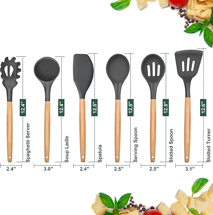 E-far Cooking Utensils Set of 6, Silicone Kitchen Utensils with Wooden Handle, Non-stick Cookware Friendly & Heat Resistant, Includes Spatula/Ladle/Slotted Turner/Serving Spoon/Spaghetti Server(Gray)