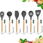 E-far Cooking Utensils Set of 6, Silicone Kitchen Utensils with Wooden Handle, Non-stick Cookware Friendly & Heat Resistant, Includes Spatula/Ladle/Slotted Turner/Serving Spoon/Spaghetti Server(Gray)