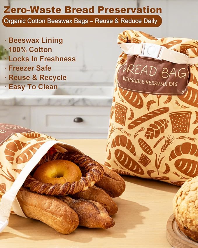 2-Pack Beeswax Bread Bags with Zipper & Buckle - Reusable Cotton Storage for Sourdough & Homemade Bread, Freezer Safe