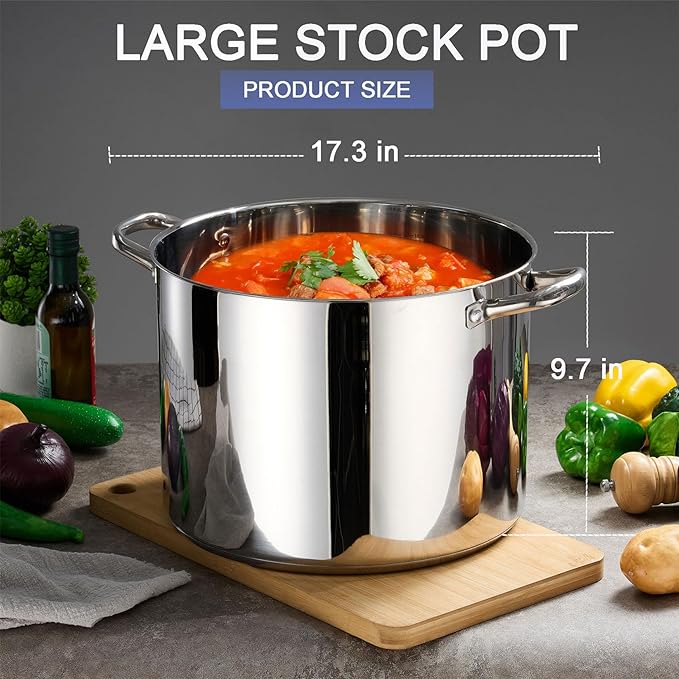20 QT Stainless Steel Large Stock Pot, LIANYU Heavy Stockpot with Glass Lid, Deep Soup Canning Pot for Stewing Simmering, Tri-ply Base for Induction, Halogen Cooktops, Dishwasher Safe