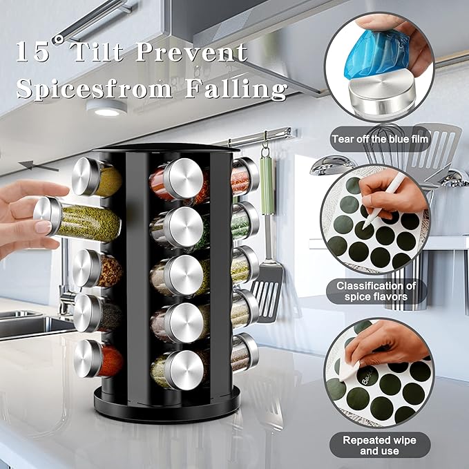 Rotating Spice Rack Organizer for Cabinet, Spice Racks Storage with 20 Jars, Spinning Spice rack for Kitchen Countertop, Spice Holder,Seasoing Storage Racks,Black