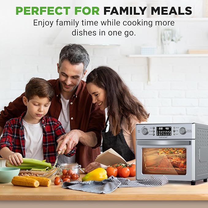 NutriChef 26L Electric Air Fryer Oven | 1700W Countertop Rotisserie & Air Fryer | 360° Rotating Feature | 10 Digital Menu Presets | Includes Drip Tray, Air Frying Basket & Bake Rack 15x16x14 (Silver)