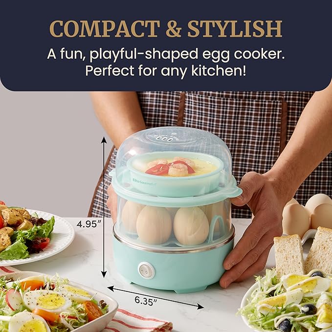 Elite Gourmet EGC1215M Easy Egg Cooker, Stainless-steel Heating Plate, Two-Tiered, 14-Egg Capacity, Soft, Medium, Hard-Boiled, Auto Shut-Off, Omelets, Poached Eggs, Measuring Cup, Piercing Pin, Mint