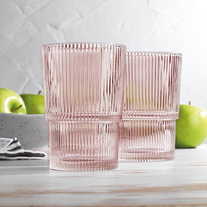 Glaver's Ribbed Drinking Glasses Set of 4 - Pink Vintage Glass Cups 15.38 oz, Stackable Highball Glasses, Juice, Iced Coffee Cups, Water Glasses for Beverages - Blush