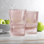 Glaver's Ribbed Drinking Glasses Set of 4 - Pink Vintage Glass Cups 15.38 oz, Stackable Highball Glasses, Juice, Iced Coffee Cups, Water Glasses for Beverages - Blush