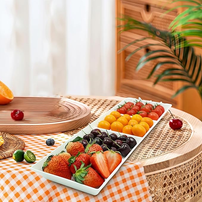 Divided Serving Tray Platter, 4 Pack 17.6" x 6" Fruit Veggie Food Tray for Party, Plastic Serving Trays for Appetizer, Snack, Dessert, Cookie, Brunch Decorations Platters, White Trays BPA-Free