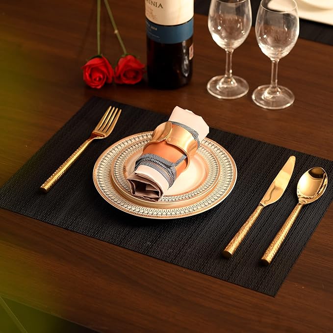 Black Placemats Set of 4 - Easy Clean Washable Vinyl Placemats - Wipeable Heat Proof Table Mats for Dining Table - 17x12 Inch (Pure Black, 4)