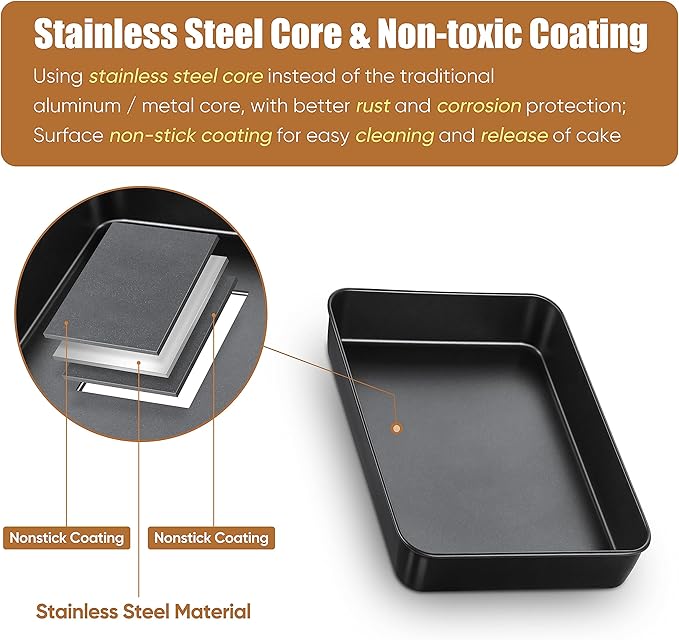 E-far Baking Pan with Lid, 9.4 x 7.3 x 2 Inch Nonstick Rectangle Stainless Steel Cake Pan Sheet for Toaster Oven, Small Black Bakeware for Cakes Brownies Casseroles, Non-toxic & Healthy, Set of 2