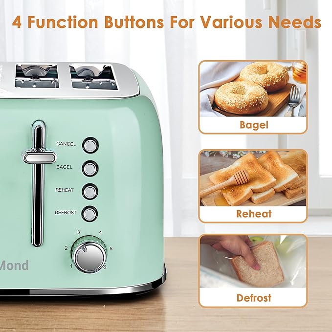 Roter Mond Toaster 4 Slice Retro Stainless Steel with Extra Wide Slots Bagel, Defrost, Reheat Function, Dual Independent Control Panel, Removable Crumb Tray, 6 Browning Levels, Aqua Green