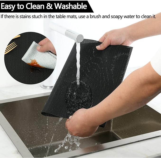 Black Placemats Set of 4 - Easy Clean Washable Vinyl Placemats - Wipeable Heat Proof Table Mats for Dining Table - 17x12 Inch (Pure Black, 4)