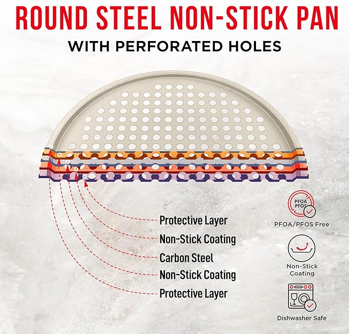 Bakken Pizza Baking Pan - Round Perforated Carbon Steel Pan with Non-Stick Marble Coating, Oversized Silicone Handle, Dishwasher Safe, High-Temperature Resistant, Durable & Easy Cleanup White, 1 Pack
