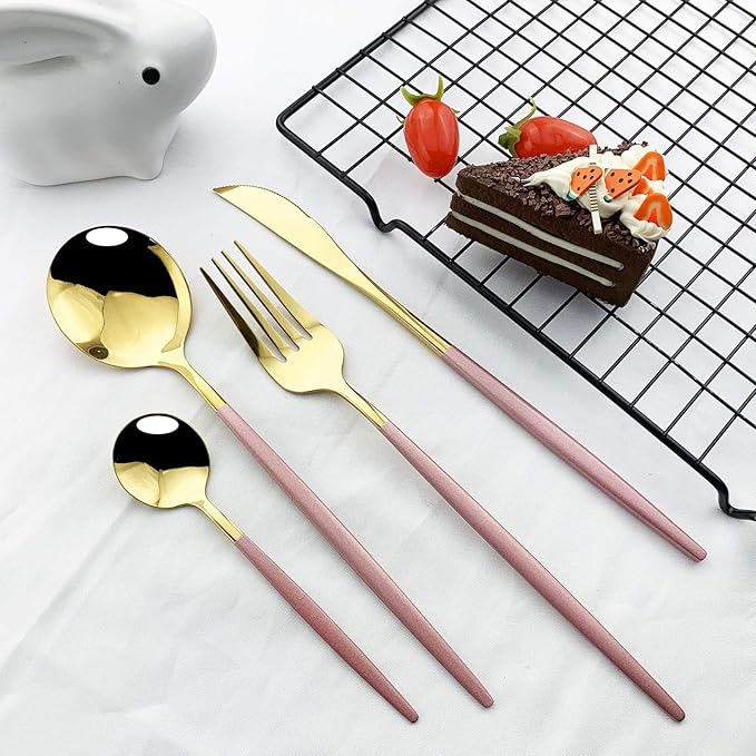 JASHII Flatware Serving Set 24 Piece, Stainless Steel Silverware Set, Pink Gold Cutlery Set, Modern Elegant Tableware Set for Party, Christmas, Dinner (Pink Gold)