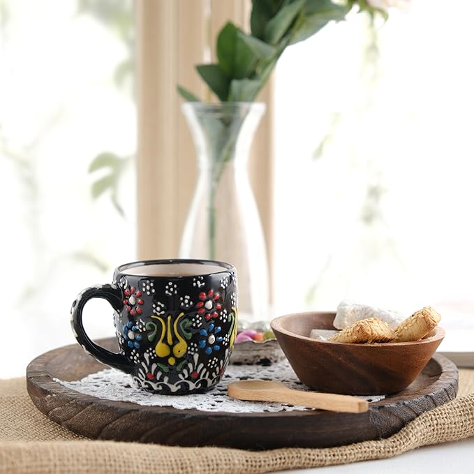 Espresso Cups Set of 2 | 4 oz Small Espresso Cups | Turkish Tea Cups | Demitasse Mugs with Handle | Modern Stackable Ceramic Espresso Mugs Set (RED/BLACK)