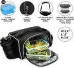 TO GO Meal Prep Bag Insulated Lunch Meals Bag W/6 Portion Control Containers,2 ICE PACKS, Shaker, Pill Box,With an Adjustable shoulder. bag for meals (Black)
