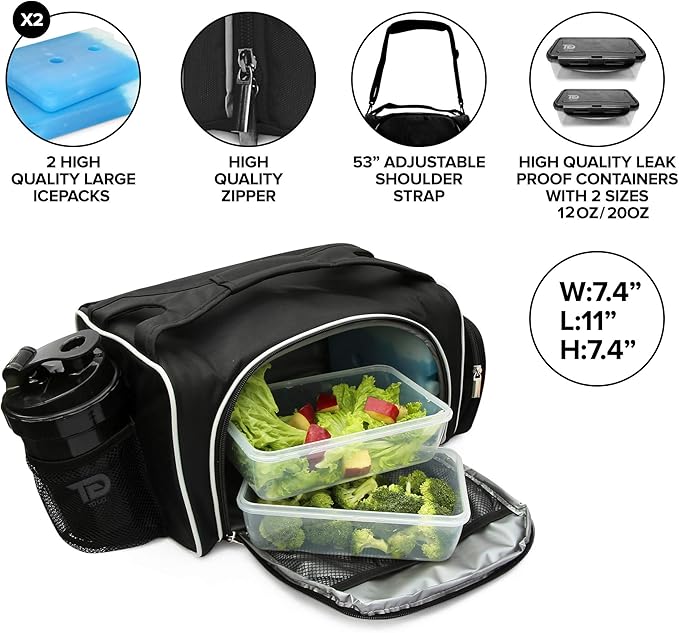 TO GO Meal Prep Bag Insulated Lunch Meals Bag W/6 Portion Control Containers,2 ICE PACKS, Shaker, Pill Box,With an Adjustable shoulder. bag for meals (Black)