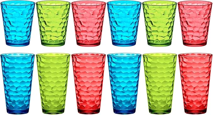Amazing Abby - Iceberg - 16-Ounce and 24-Ounce Plastic Tumblers (Set of 12), Acrylic Drinking Glasses, Mixed-Color Reusable Plastic Cups, Stackable, BPA-Free, Shatter-Proof, Dishwasher-Safe