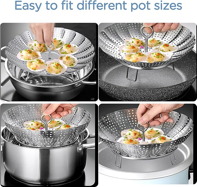 Vegetable Steamer Basket, 304 Stainless Steel Steamer for Cooking, Expendable Food Steamer to Fit Various Size Pot (5.7" to 9" + 7.3" Kitchen Tong)