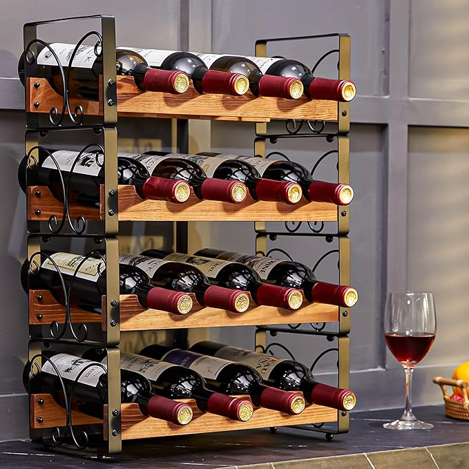 X-cosrack Wine Rack Freestanding Floor with Patent Design, Wooden & Metal Wine Bottle Holder, 4 Tier 16 Bottles Stackable Wine Storage Racks for Kitchen Counter or Bar, Wine Display Shelf
