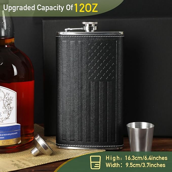 Flask For Men,350ml/12oz Hip Flask, 304 Food Grade Stainless Steel,2 Cups And Funnel Portable Gift Box For Whiskey Rum Groomsman Best Man Usher Wedding-Leather America Flag Black