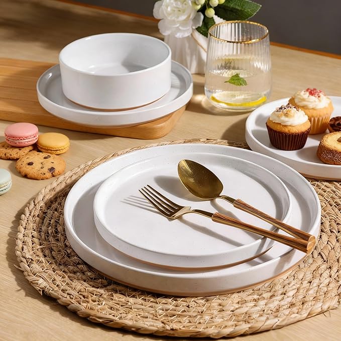 AmorArc Ceramic Dinnerware Set for 4 | Speckled Stoneware Plates and Bowls with unglazed terracotta | Scratch Resistant, Dishwasher & Microwave Safe Dishes Sets- 12-Pcs Milk White