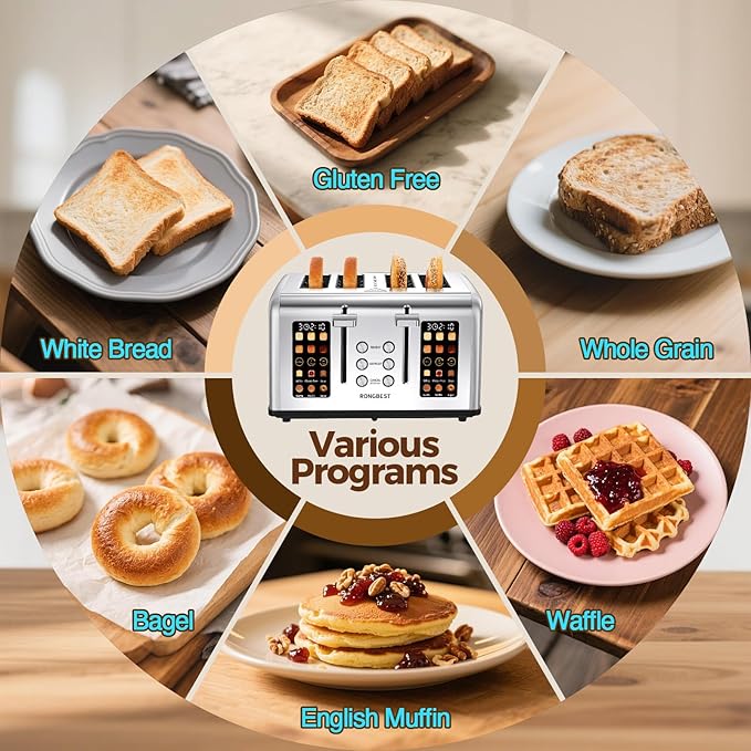 4 Slice Touch Screen Toaster, Stainless Steel Toaster with Wide Slots for Bagels and Bread, Reheat/Defrost/Cancel Functions, Removable Crumb Tray, Silver