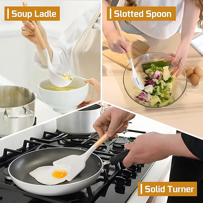 TeamFar Cooking Utensils Set of 6, Silicone Kitchen Utensils with Wooden Handles for Cooking/Turning/Serving/Mixing, Heatproof Kitchen Tools for Non-stick Cookware, Healthy &Non-Scratch, White