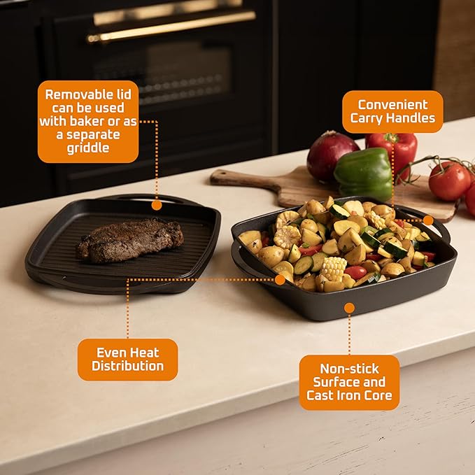 Bruntmor 2-in-1 Pre-Seasoned Cast Iron Dutch Oven with Grill Pan Lid and Handles - 11 Inch Non Stick Square Cast Iron Skillets for Braising, Grilling, and Frying - Heat-Resistant to Oven and Stovetop