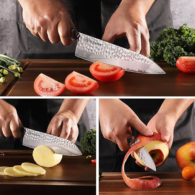 KEEMAKE Kitchen Knife Set 3-pcs - Chef Knife Set with 3-layer Japanese 9CR18MOV Clad Steel Blade, Sharp Knives Set for Kitchen with Octagon Rosewood Handle Kitchen Knives