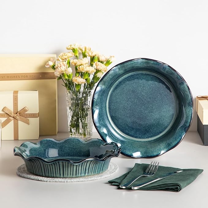 vancasso Stern Ceramic Pie Pan, 9 inch Pie Pans with Ruffled Edge, Deep Pie Dishes for Baking, Round Pie Plates for Apple, Quiche, Pot Pies, Tart, Oven & Dishwasher Safe, Set of 2, Green