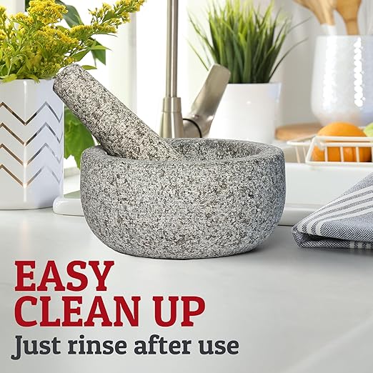 Priority Chef Heavy Duty Large Mortar and Pestle Set, Hand Carved from Natural Granite, Make Fresh Guacamole, Pesto, Stone Grinder Bowl, Herb Crusher, Spice Grinder, 6.3 Inches Wide, 2 Cup - Grey