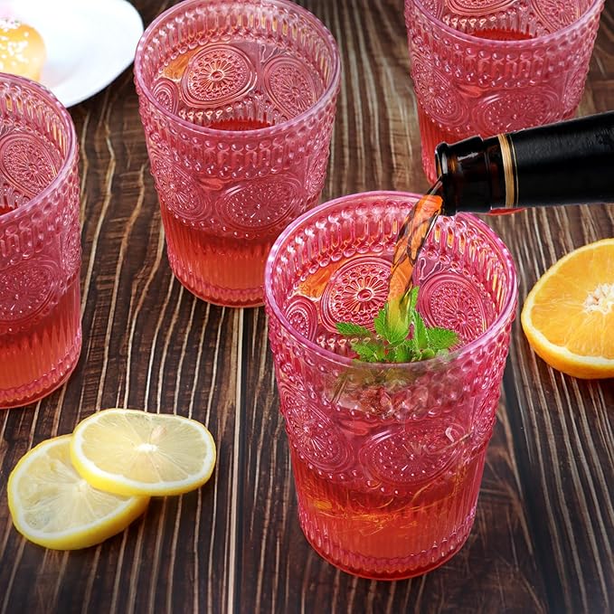 6pcs Vintage Drinking Glasses Set, 12 oz Pink Highball Glasses, Embossed Ribbed Glassware Cups for Cocktail, Water, Juice, Coffee, Whiskey