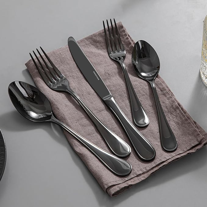 KINGSTONE 20 Piece Teardrop Silverware Set for 4, 18/10 Stainless Steel Flatware Set, Modern Design Cutlery Set for Home/Hotel/Wedding,Mirror Polished and Dishwasher Safe, Black