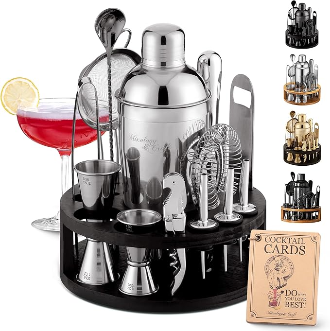 Mixology & Craft Bartender Kit – 15-Piece Cocktail Shaker Set with Bar Tools, Premium Stainless Steel Drink Mixer Accessories for Home Bar, Includes Bamboo Stand, Plus Exclusive Recipe Cards (Silver)