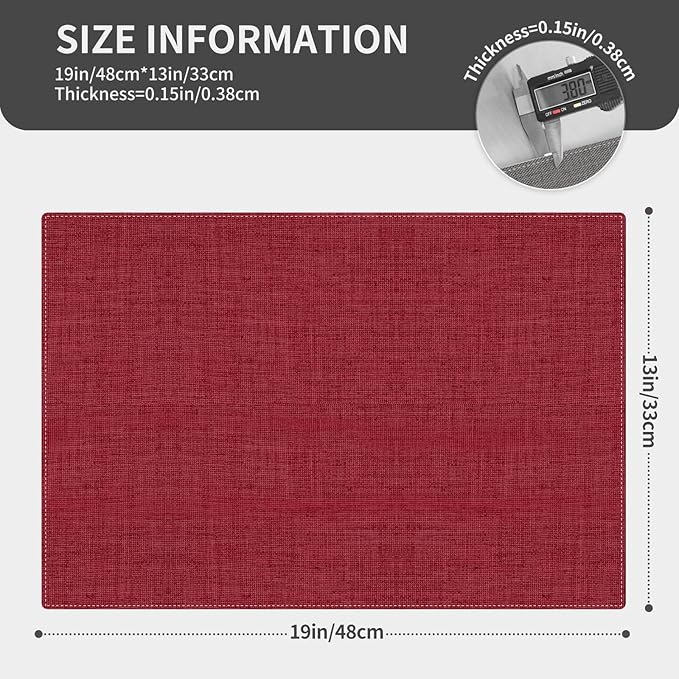Cloth Placemats, Set of 6 Heat-Resistant Cotton Linen Blend Double Layered Machine Washable Place Mats, Wrinkle Free Thick Fabric Dining Table Mats for Indoors & Outdoors (Burgundy, 6)